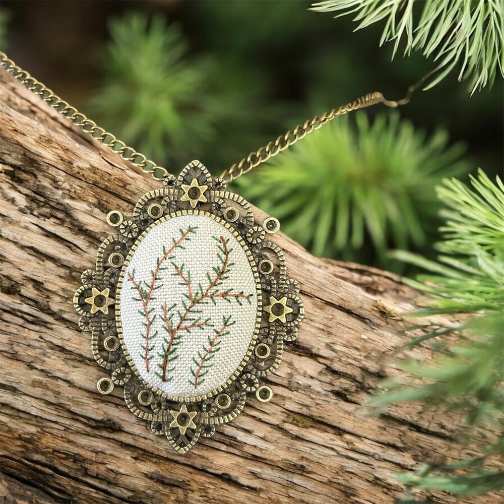 Pine Sprig Embroidery Necklace, Handmade Pendant